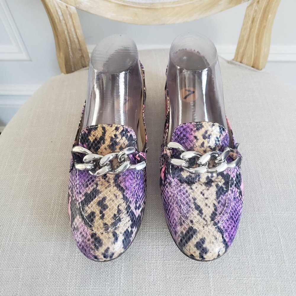 DONALD J PLINER Nolin Lavender Viper Python Leather Chain Loafer Flats Sz 7